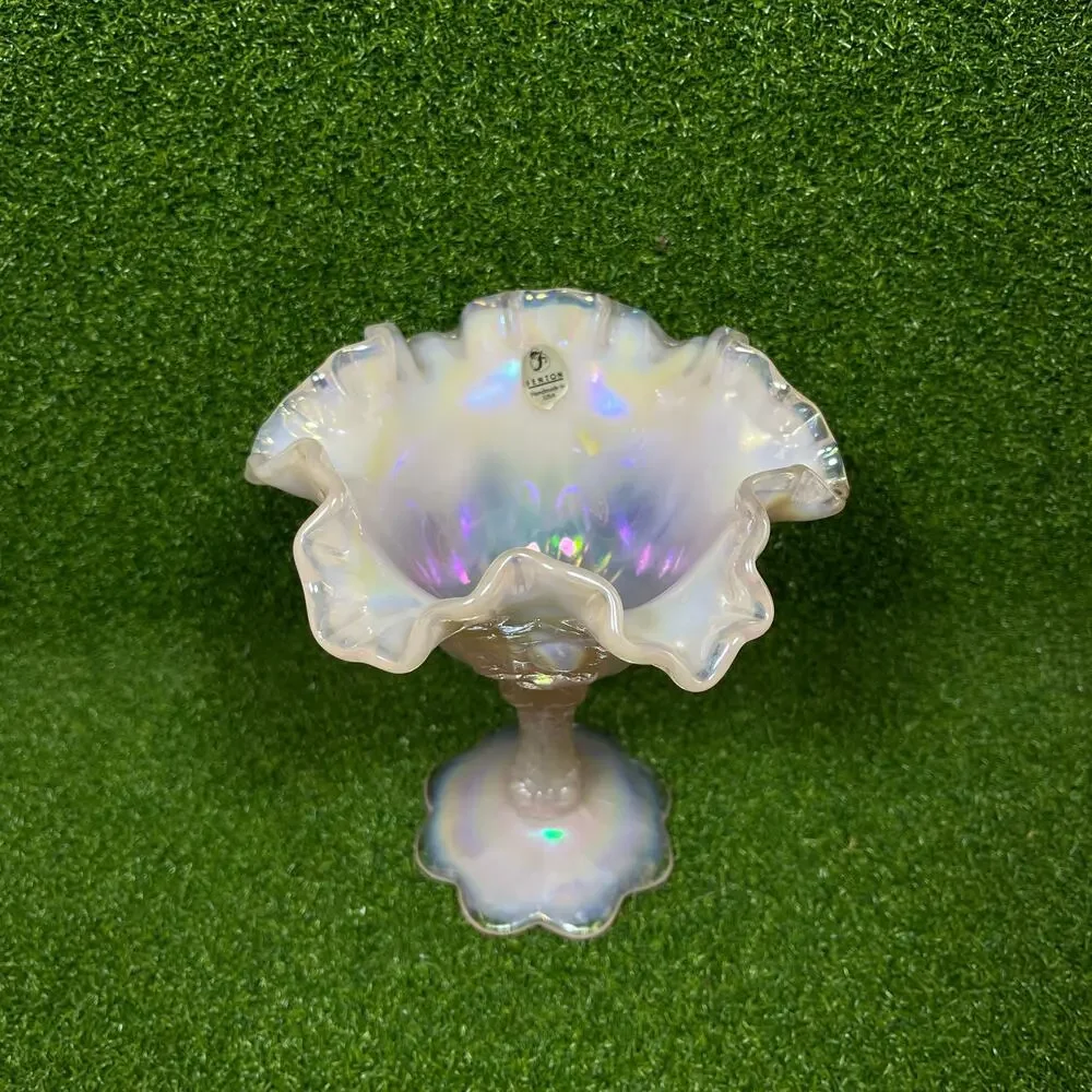 Vtg Fenton Pink Iridescent Opalescent Cabbage Rose Ruffled Pedestal Compote USA